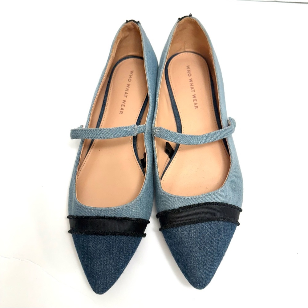 Denim Pointed-Toe Mary Jane Flats with Strap | Who What Wear | Size 8